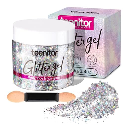 Teenitor Body Glitter, Body Glitter Gel, Hair Glitter, Face Glitter, Holographic Chunky Makeup Silver Glitter Gel for Face, Makeup, Hair, Eye
