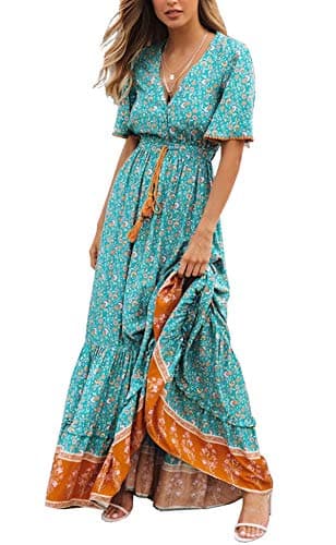 R.Vivimos Womens Summer Cotton Short Sleeve V Neck Floral Print Casual Bohemian Midi Dresses (Medium, Green)