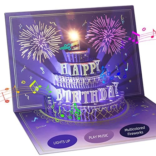 XTF2015 Happy Birthday Cards Fireworks, Lights, Music and Sound Fireworks Cake 3D Pop Up Birthday Cards Gift with Envelope and Note Tag for Women, Men, Kids, Wife, Mom, Husband