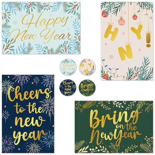 Thboxes New Year Cards with Envelopes, 24 Pack 4x6in Happy New Years Greeting Cards, Gold Foiled 300gsm Happy Holiday Card Christmas Card with Stickers for Family Friend Teacher Classmate, 4 Design