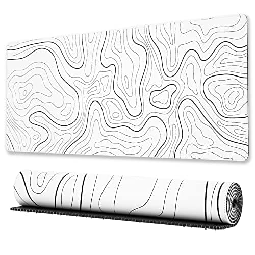 Ovenbird Large Gaming Mouse Pad with Stitched Edges, Minimalist Topographic Map Desk Mat, Extended XL Mousepad with Anti-Slip Base, Cool Desk Pad for Keyboard and Mouse, 31.5 x 11.8 in, White