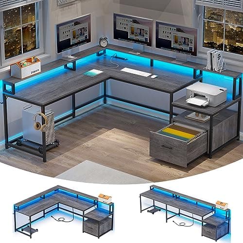 SEDETA L Shaped Office Desk, 66" Home Office Desk with File Drawer & Power Outlet, Gaming Desk with Led Lights, Corner Computer Desk with Monitor Shelf, Printer Storage Shelves, Two Person Desk, Grey