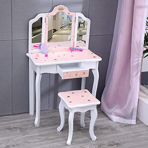 Nromant Kids Vanity Table and Chair Set, Girls Vanity Set with Stool, Tri-Folding Mirror, Makeup Dressing Princess Table with Drawer for Little Girls (Pink)
