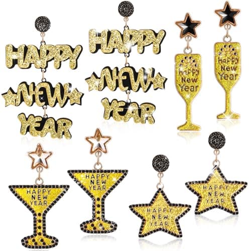 Nosiny 4 Pairs New Years Earrings for Women Happy New Year Drop Dangle Earrings Glitter Star Earrings Trendy Celebration 2025 New Years Holiday Earrings Jewelry