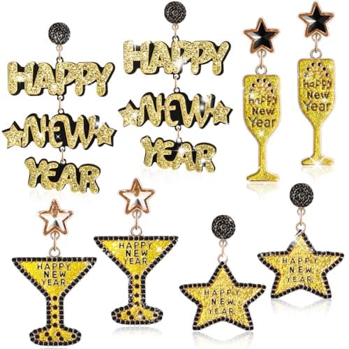 Nosiny 4 Pairs New Years Earrings for Women Happy New Year Drop Dangle Earrings Glitter Star Earrings Trendy Celebration 2025 New Years Holiday Earrings Jewelry