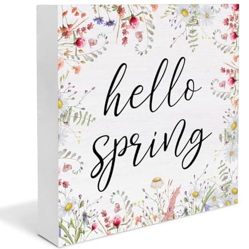 Spring Decor Farmhouse Desk Decorations Wooden Sign, Hello Spring Wood Plaque Block Sign Rustic Home Decor 5 x 5 Inches