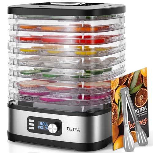 OSTBA 8-Tray Food Dehydrator, 72H Timer & Temp Control up to 158℉, Includes 8 Mesh Sheets, 1 Fruit Roll Tray, 1 Tongs, Recipe Book for Jerky, Fruit, Meat, Vegetables, Herbs, BPA-Free