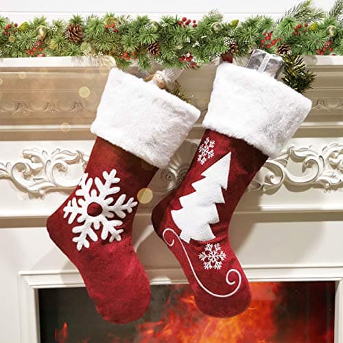 Christmas Stockings, 2 Pcs 18 inches Christmas Stockings, Burlap with Large Plush Cuff Stockings, for Family Holiday Xmas Party Decorations