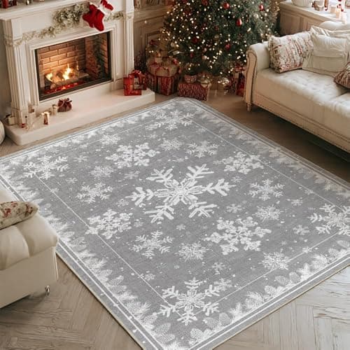 Artoid Mode Grey Snowflake Pinecone Winter Area Rug, Christmas Home Decor Low-Profile Non-Slip Washable Large Rug for Living Room Bedroom Farmhouse Dining Room Kids Playroom 5x7 Feet
