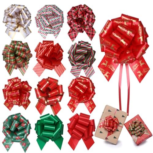 12 pcs Large Christmas Bows for Gift Wrapping,5 inch Wide Xmas Pull Bows for Presents,Christmas Gift Bows for Gift Baskets,Christmas Tree,Wine Bottles,Christmas Decorations (Mix Color)