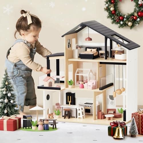 Tiny Land Doll House, Modern Family Dollhouse with Realistic Design, Wooden Dollhouse with 53Pcs Furniture - Ideal Gift for Kids Ages 3+
