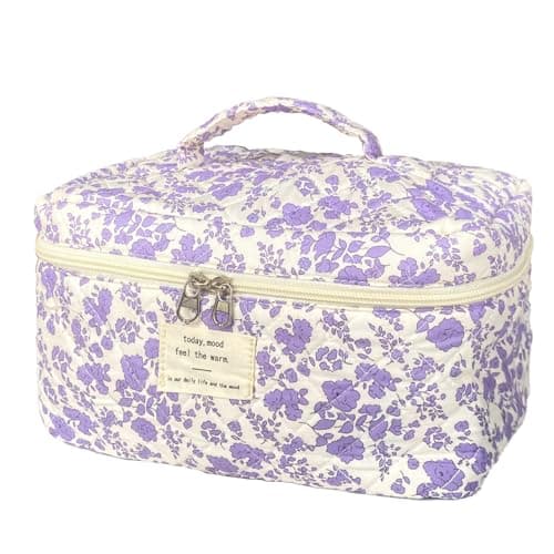 WYJ Purple Large Quilted Floral Makeup Bag Cute Soft Coquette Aesthetic Cosmetic Bag Cotton Travel Toiletry Bag for Women
