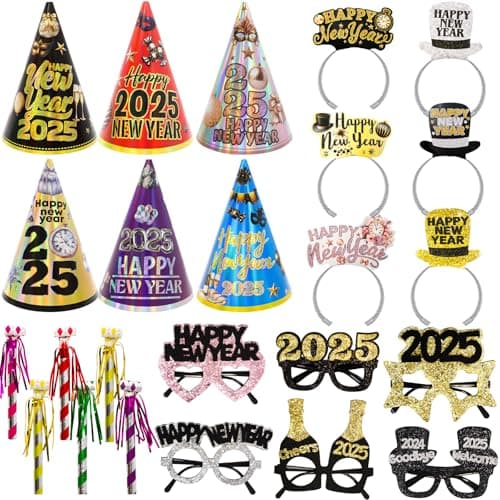 ceiba tree Happy New Years Eve Party Supplies 2025 New Year Eve Party Favors 6 Paper Hats 6 Paper Headbands 6 Felt Eyeglasses 6 Noisemakers