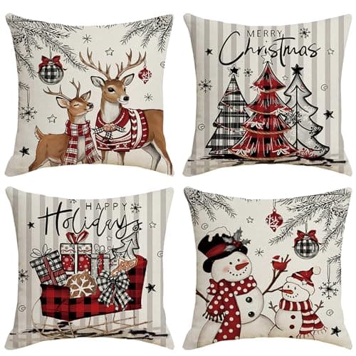 Ni-JASW Christmas Throw Pillow Covers 18x18 inch Set of 4, Farmhouse Style Snowman Tree Reindeer Xmas Pillow Cases for Couch Sofa