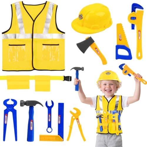Construction Worker Role Play Costume Dress-Up Set, Costume Kids Construction Tool Set Toddler Worker Boys Pretend Builder Career Outfit for Kids 3 4 5 6 7 Girls Boys, Halloween Role Play Toys