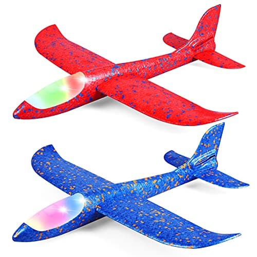 2 Pack LED Light Airplane,17.5" Large Throwing Foam Plane,2 Flight Mode Glider Plane,Flying Toy for Kids,Gifts for 3 4 5 6 7 8 9 Years Old Boy,Outdoor Sport Toys Birthday Party Favors Foam Airplane