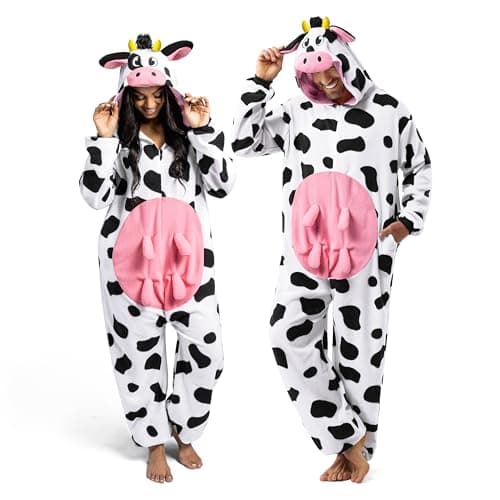 Spooktacular Creations Cow Pajamas, Realistic Plush Cow Costume, Jumpsuit Outfit Hooded, Halloween Costume Sleepwear for Halloween Cosplay Animal Themed Parties(Medium)