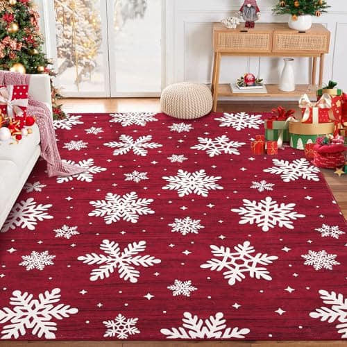 GarveeHome Christmas Washable Living Room Rugs 6x9 Area Rugs Non-Slip Throw Rugs Soft No-Shedding Bedroom Rug, Easy to Care, Foldable Christmas Decor Rug for Dining Room Nursery Laundry Bedroom, Red