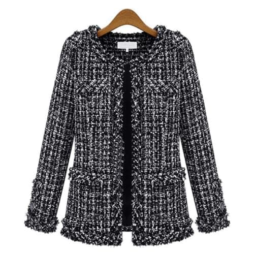 ebossy Women's Elegant Open Front Round Neck Fringed Plaid Tweed Jacket (X-Small, Black)