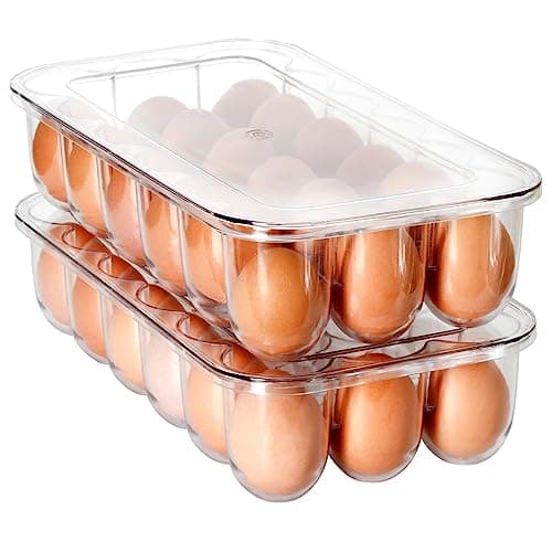 Youngever 2 Pack Stackable Plastic Egg Holders, Clear Fridge Organizer with Lids, 2 Sets 18 Eggs Trays