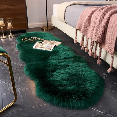 EasyJoy Ultra Soft Fluffy Shaggy Area Rug Faux Fur Rug Chair Cover Seat Pad Fuzzy Area Rug for Bedroom Floor Sofa Living Room (2 x 6 ft Sheepskin, Dark Green)