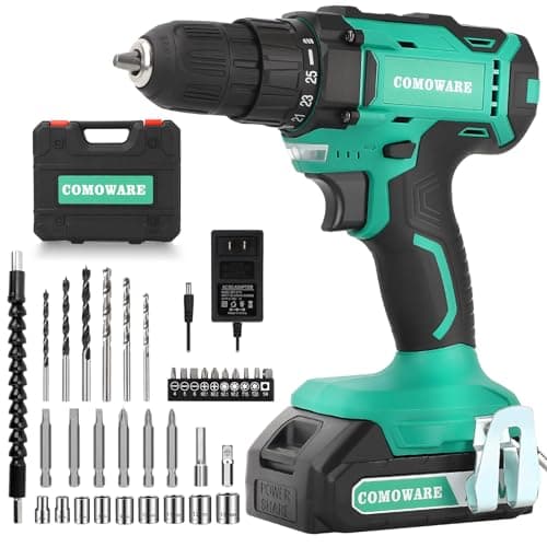 COMOWARE 20V Cordless Drill, Electric Power Drill Set with 1 Battery & Charger, 3/8” Keyless Chuck, 2 Variable Speed, 266 In-lb Torque, 25+1 Position and 34pcs Drill/Driver Bits