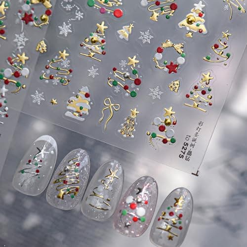 Christmas Tree Nail Stickers Gold Nail Art Stickers Xmas Nail Decals with Pearl Design Snowflake Nails Art Decals 5D Embossed Self Adhesive Nails Charms for Women Girls Manicure Decoration Accessories