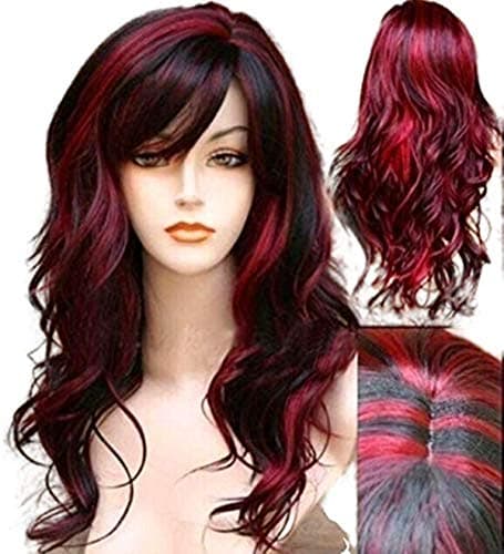 MeCamping Short Curly Wig with Bangs Synthetic Long Hair Wavy Red Mixed Black Wigs Party Cosplay Costume Halloween Wig Resistant Fiber Hair for Women Girls, 24 Inch (Pack of 1), Red mixed with black