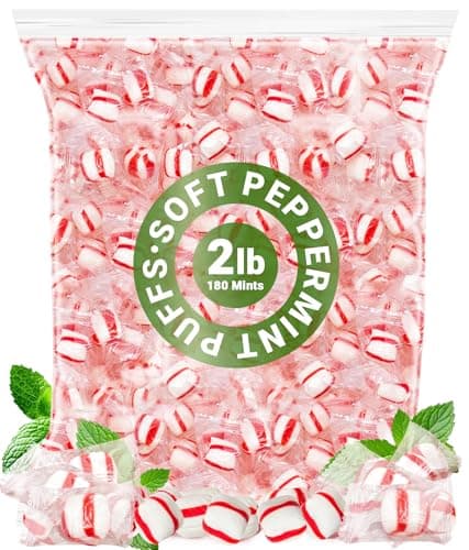 Soft Peppermint Puffs, 180 Mints, For Offices And Guests, Creamy Melt-In-Your-Mouth Candy, Individually Wrapped For Freshness, 2 Pound Bag For Candy Dishes, Parties And Coffee Stations
