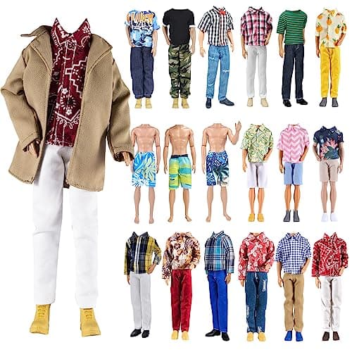 E-TING Trench Coat Pack = 5 Sets Fashion Casual Wear Clothes Outfit for boy Doll Random Style (1 Set Khaki Long Jacket Overcoat +3 Sets Casual Wear Clothes +1pc Swim Trunks)