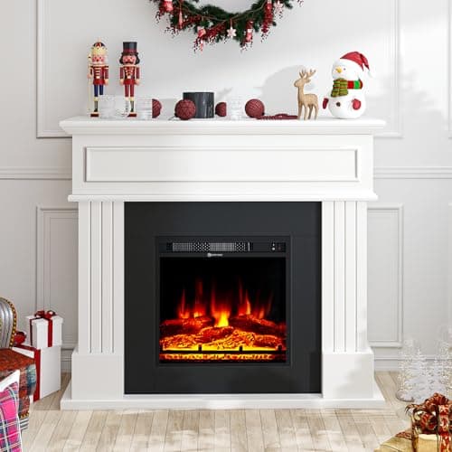 oneinmil Electric Fireplace with Mantel, Fireplace TV Stand with 18’’ Electric Fireplace Heater, 3D Realistic Flame, Freestanding Fireplace for Living Room, Bedroom, White