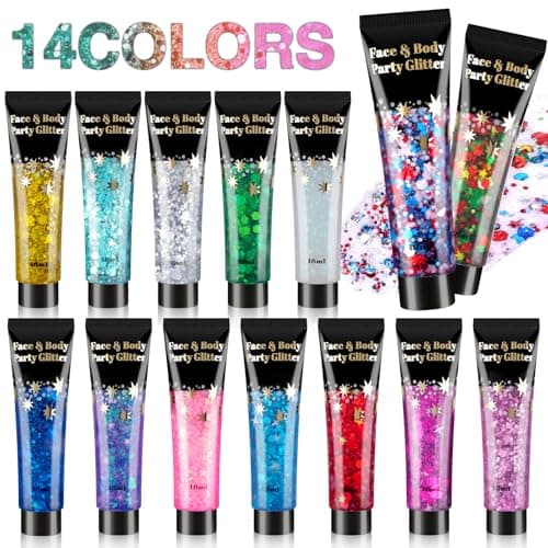 AROIC 14 Colors Body Glitter, Face & Hair Glitter Gel Set for Festival, Eye Shimmer for Women Glow in The Dark Rave Accessories Party Supplies, Face Paint Hair/Cheek/Eyelid Sparkle Makeup(18ml/Tube)