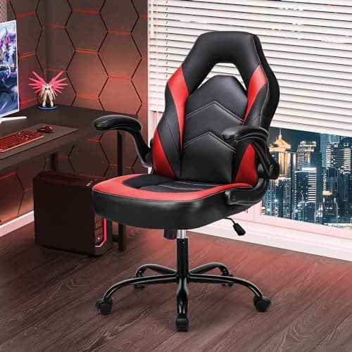 NEWBULIG Computer Gaming Desk Chair - Big Tall Ergonomic Lumbar Support with Flip-up Armrest and 360° Swivel Wheels, PU Leather Height Adjustable, for Home and Office, Red
