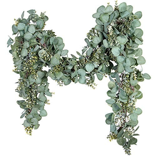 Ouddy Decor Eucalyptus Garland 6.56 Ft Lush Silver Dollar Leaves Boxwood Artificial Faux Greenery Vines for Baby Shower Wedding Party Table Runner Room Home Mantle Decor