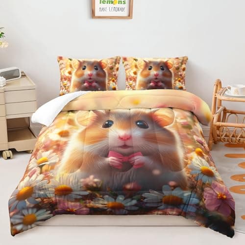 AILONEN Cute Hamster Comforter Set Queen Size, Flower Hamster Print Bedding Set for Kids Girls Teens,Pet Animal Theme Duvet Set for Bedroom Decor,3 Pieces,1 Quilt and 2 Pillowcases,Soft