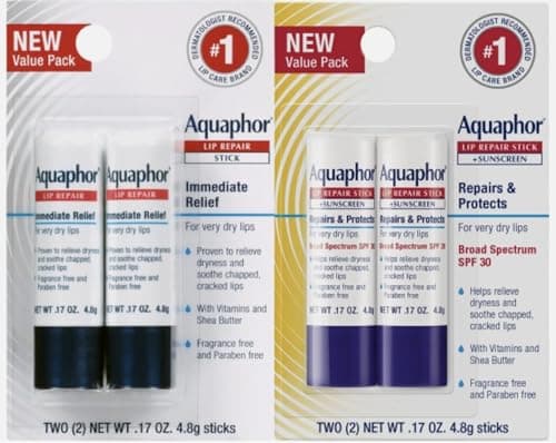 Aquaphor Lip Repair Lip Balm Set, Lip Repair Stick, 0.17 Oz (Pack of 2) + Lip Repair and Protect Stick, Lip Balm with Sunscreen SPF 30, 0.17 Oz (Pack of 2), Holiday Gifts for Self Care
