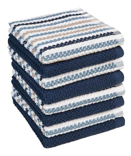 Bumble Premium Dish Cloths Towel 12"x12" | 100% Natural Ring Spun Cotton Tea Towel Set | 430 GSM | Highly Absorbent & Soft Dish Towels | 8 Pack - 4 Popcorn Wide Striped & 4 Solid Kitchen Towels - Blue