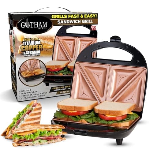 Gotham Steel Nonstick Panini Press Sandwich Maker, 2in1 Breakfast Sandwich Maker Grill / Sandwich Press Grill with Indicator Light, Grilled Cheese Maker Makes 2 Sandwiches with Easy Cut Edges