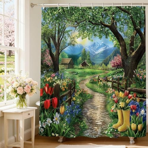 Mocsicka Spring Shower Curtain Forest Shower Curtains for Bathroom Aesthetic Tulip Bathroom Decor Cute Spring Gift Flower Bath Curtain with 12 Hooks (Green, 71x71inch)