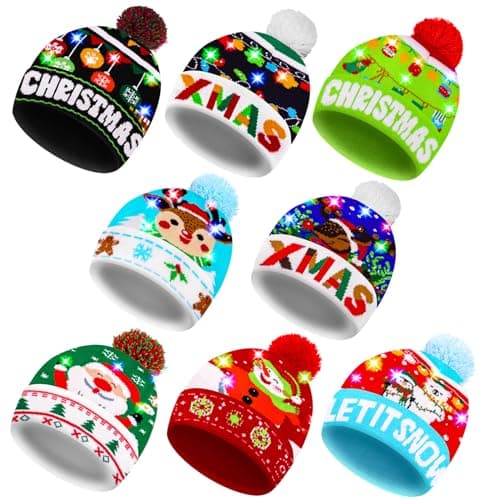 MGparty 8 Pack Christmas LED Hats Light Up Knitted Beanie Hat Winter Snow Hats Flashing Holiday Christmas Party Supplies(One Size Fits More)