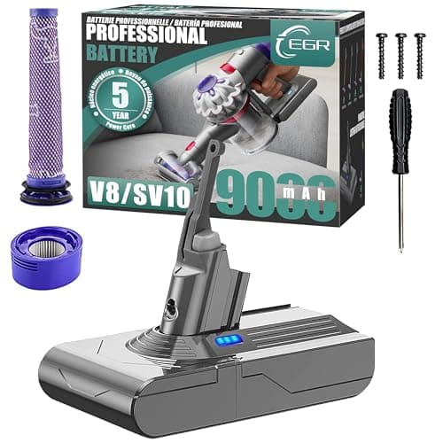 EGR Upgraded 9000mAh V8 Battery Replacement Compatible with Dyson V8 Animal Battery Replacement V8 Absolute/Motorhead/Fluffy SV10 Carbon Fiber Vacuum Cleaner 2 Filters and 3 Screws Included