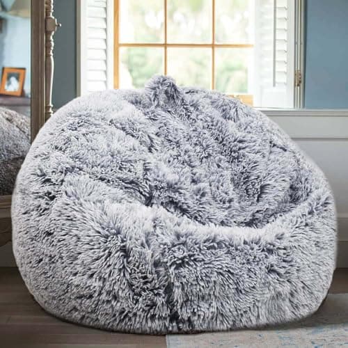 Fluffy Stuffed Animal Storage Bean Bag Chair Cover (No Filler), Faux Fur Comfy Bean Bag Cover for Organizing Plush Toys or Textile, for Adults Teens Kids Girls, Gray