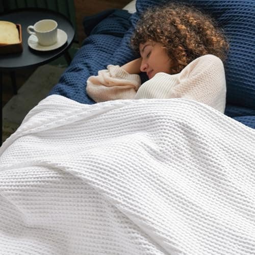 Best Cotton Blankets for Home #8 from PHF PHF 100% Cotton Waffle Weave Blanket Queen Size for Bed,Snag Proof Lightweight Breathable Moisture-Wicking Throw for Couch, Great for Layering in Cold Weather, Machine Washable, Home Decor Gift-White
