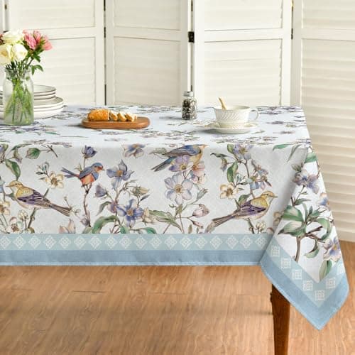 Horaldaily Regular Tablecloth 60x84 Inch Rectangular, Blue Flowers Birds Leaves Washable Seasonal Table Cover for Party Picnic Dinner Decor