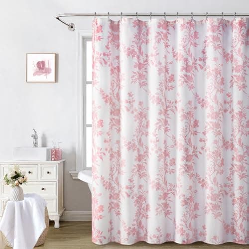 Awellife Pink Shower Curtain,Cotton Floral Cottagecore Spring Shower Curtain for Bathroom 72" W x 72" L