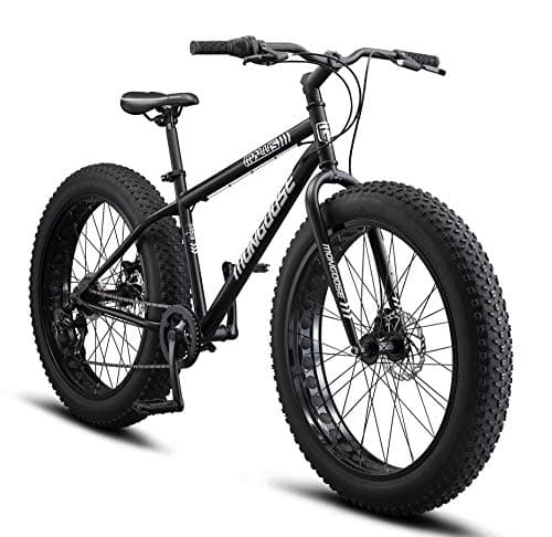 Mongoose Malus Mens and Womens Fat Tire Mountain Bike, 26-Inch Bicycle Wheels, 4-Inch Wide Knobby Tires, Steel Frame, 7-Speed Drivetrain Bicycle, Shimano Rear Derailleur, Disc Brakes, Matte Black