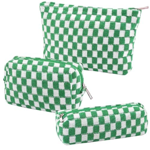 EIMMBD Makeup Bag 3 Pieces Large Capacity Checkered Cosmetic Bags Travel Toiletry Bag Organizer Cute Makeup Pouch Storage for Women (Green)