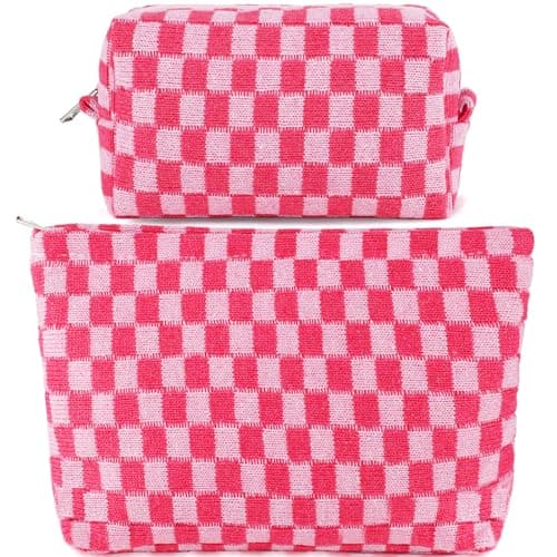 ZLFSRQ 2Pcs Makeup Bag Checkered Cosmetic Bag Set Travel Toiletry Bags for Purse Large Small Makeup Pouch for Women Cute Preppy Pencil Pouch Case Pink Zipper Skincare Bags