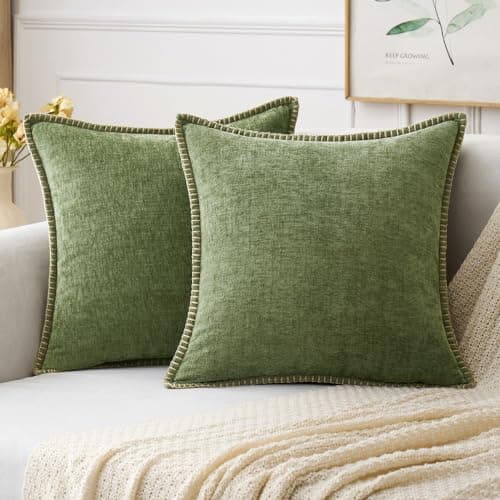 MIULEE Pack of 2 Couch Throw Pillow Covers 18x18 Inch Sage Green Farmhouse Decorative Pillow Covers with Stitched Edge Soft Chenille Solid Dyed Spring Pillow Covers for Sofa Bed Living Room