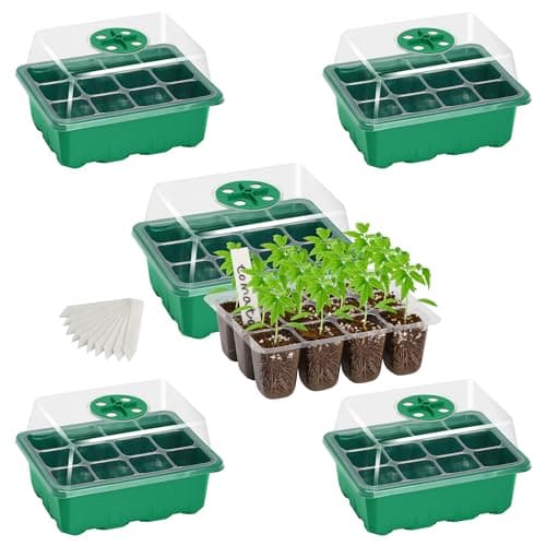 Bonviee 5-Pack Seed Starter Trays, Seed Starter Kit with Adjustable Humidity Dome and Base Indoor Greenhouse Mini Propagator for Seeds Growing Starting (12 Cells Per Tray, Green)